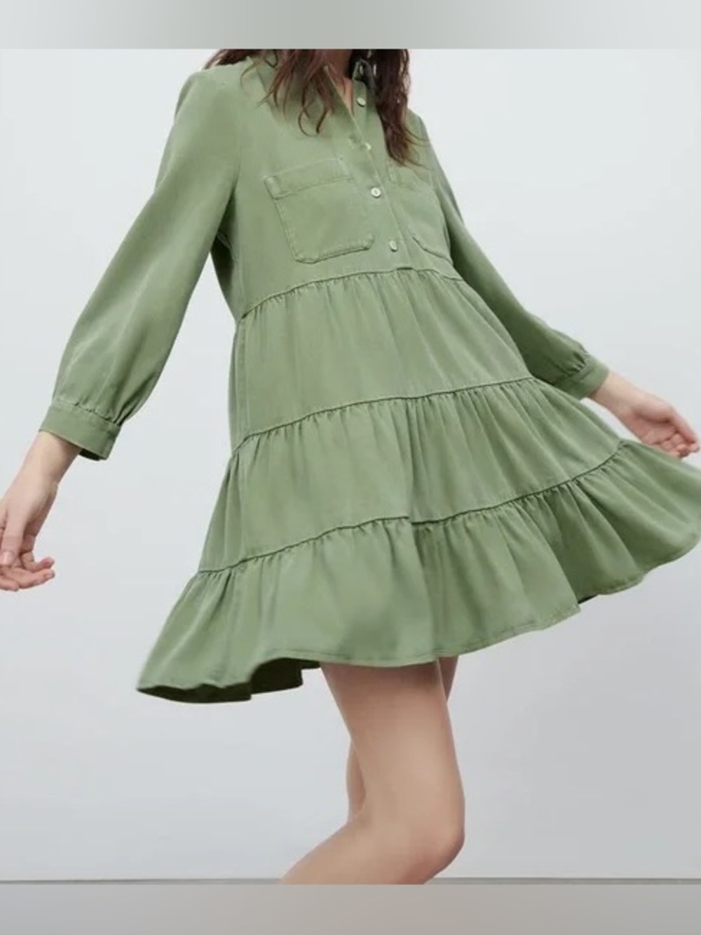 Zara Olive Army Green Casual Tiered Boho Chic Flowy Swing Mini Shirt Dress XL